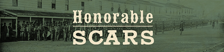 Honorable Scars Banner Header with backdrop of a street lined with formations of soldiers and a marching band