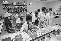 A laboratory with an African American woman seated, looking into a microscope next to two women standing together, other people work in the background.