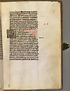 F. 32 verso from Manuscript E 78. A hand written page with an illustrated O on the left side of the middle of the page. In the center of the O is a tonsured teacher holding a book with an untonsured student.