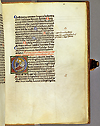 F. 32 recto from Manuscript E 78.  A hand written page with an illustrated box on the left side of the middle of the page. In the center of the box is the letter 0. Within the letter O is a tonsured figure reading from book, untonsured patient in bed.