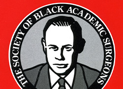 Black and grey illustration of man in a suit encircled with an outer rim noting “The Society of Black Academic Surgeons Founded 1989” 
