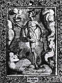 A male figure with wings on his head, wrists, and ankles; he is holding a bowl which is emitting gaseous fumes.