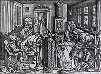 Woodcut interior clinic scene showing treatment of patients, including amputation of a leg.