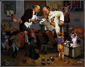 Doctor surrounded by a family with butler serving him some liquid. Copyright: This image may not be saved locally, modified, reproduced, or distributed by any other means without the written permission of the copyright owners.