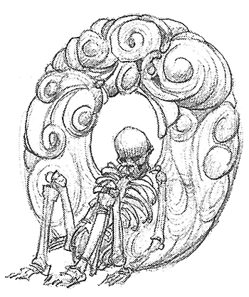 The letter'O' is represented by a skeleton'resting' on an ornament