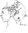 Doctor observing a man’s inner workings of the head, gears represent the brain.