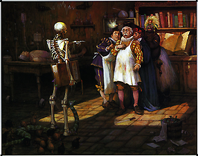 Skeleton holding a pathology book accusing a group of people cowering in fear. Copyright: This image may not be saved locally, modified, reproduced, or distributed by any other means without the written permission of the copyright owners.