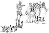 Skeleton with animals at its feet pointing at a scared group of people.