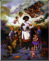 Female doctor holding a newborn surrounded by kids with angels in the cloud background.