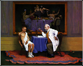 Doctor speaking to half naked patient with painting of a feast of wine in the background. Copyright: This image may not be saved locally, modified, reproduced, or distributed by any other means without the written permission of the copyright owners.