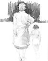 A large female doctor walks with a smaller young woman side by side.