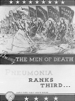A skeleton raising a sword and wearing military regalia marches across a battlefield strewn with dead bodies in front of a flank of marching skeletons who carry flags emblazoned with 'Heart Disease,' 'Cancer,' 'Pneumonia,' and 'Nephritis'.