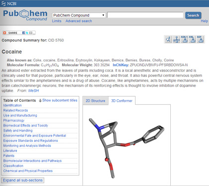 Web page of the chemical properties of Cocaine, with a 3D rendering of its molecular structure 