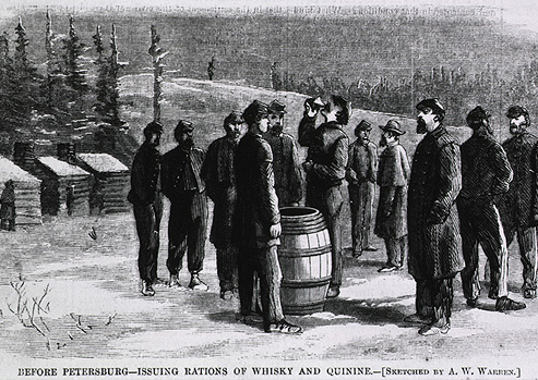 Civil war soldiers in winter are standing drinking from a barrel whiskey and quinine.