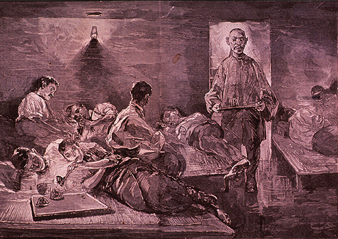 A group of people lounging in various states of intoxication while a Chinese man serving them opium.