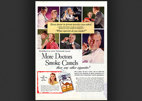Advertisement showing doctors and their patients smoking, with a pack of cigarettes in the foreground.