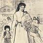 A White female nurse holding a White baby, with nine White children around her in a village.