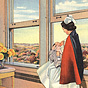 A White female nurse in a cape bottle feeding a baby at a hospital window, showing an autumnal view.