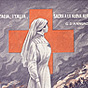 White female nurse standing in roses, turning to look at a battle, with a red cross in the sky.