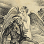 White female angel tending to wounded White male soldier on battlefield, with cannon in background.