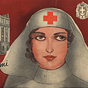A White female Red Cross nurse, visible from the head up, in front of a picture of a hospital.