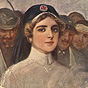 White female nurse holds steaming beverages, behind are White soldiers smiling at her.