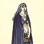 A White female Red Cross nurse in a blue cloak and head covering, holding flowers.