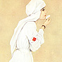 A White female Red Cross nurse in white turned to the right powdering her face.
