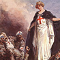 A White female nurse on a battlefield stands above many wounded White male soldiers.