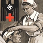 A White female nurse bandaging the head of a wounded White male soldier in a bed.