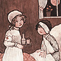 A White girl in a nurse uniform bringing a tray with a cup and bottle on it to a White boy in bed.