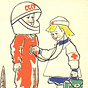 A White girl dressed as a nurse listening to the heartbeat of a White boy in space suit.
