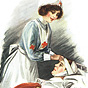 A White female nurse tending to a White male patient in bed. She adjusts his head bandage.