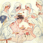 A White male soldier in a hospital bed, surrounded by 6 White female nurses, all tending to him.