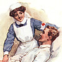 A White female nurse leans over a White ill male patient, two elderly White women talk on left.