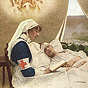 A White female nurse reading to a White male soldier in bed angels and Jesus are behind.