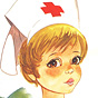 A White girl in white nurse's uniform, looks at the viewer.