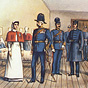 A White female nurse in white and red stands next to White male military officers in blue in a ward.