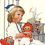 A White girl in a crib smiling holds a stethoscope to a dolls chest.