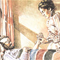 A White woman in pink dress checks the pulse of a White male patient in bed.