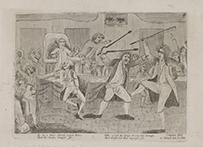 A drawing of a roomful of fighting, screaming, angry white men in 18th century clothing