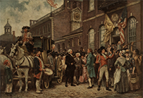 A large assembly of white women and men in 18th century clothing conversing, and a horse-drawn carriage in a city street
