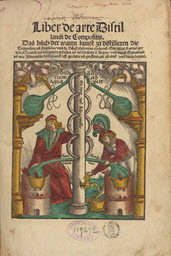 Title page of book with text and image of two men pumping liquid from a column-like structure.