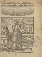 Title page of book with text and an image of a woman with distillation apparatus.