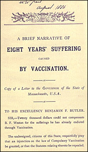 The opening page of A Brief narrative of eight years’ suffering caused by vaccination by Homer Bartlett Weston. The second line says Copy of a letter to the Governor of the State of Massachusetts, U.S.A.