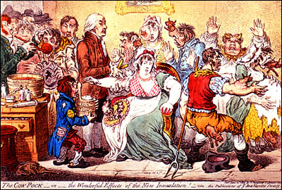 A color etching of a crowded room where a physician (Jenner) prepares to vaccinate a young woman sitting in a chair; the scene about them is mayhem as several former patients demonstrate the effects of the vaccine with cows sprouting from various parts of their bodies.