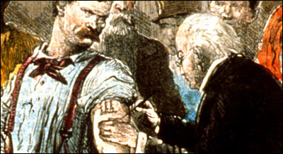Detail of a physician as he vaccinates the tattooed left arm of a burly young man.