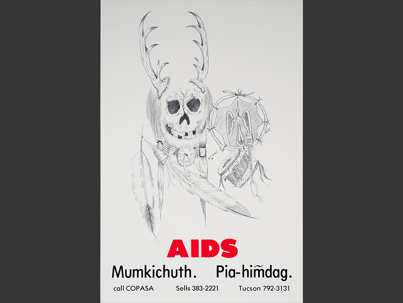 A poster with text and a black and white drawing of a human skull topped with antlers with a few feathers underneath 