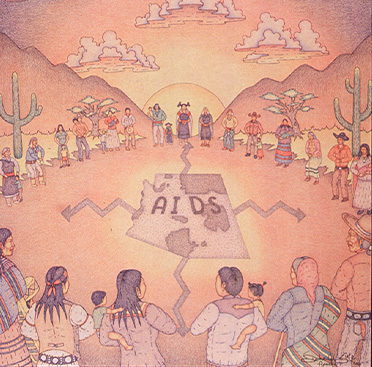 A poster with text and a color drawing of American Indians standing in a circle in the desert around an outline of the state of Arizona with the sun rising in the background.