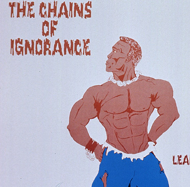 Drawing of shirtless African American man in blue tattered pants and chains looking off to the left